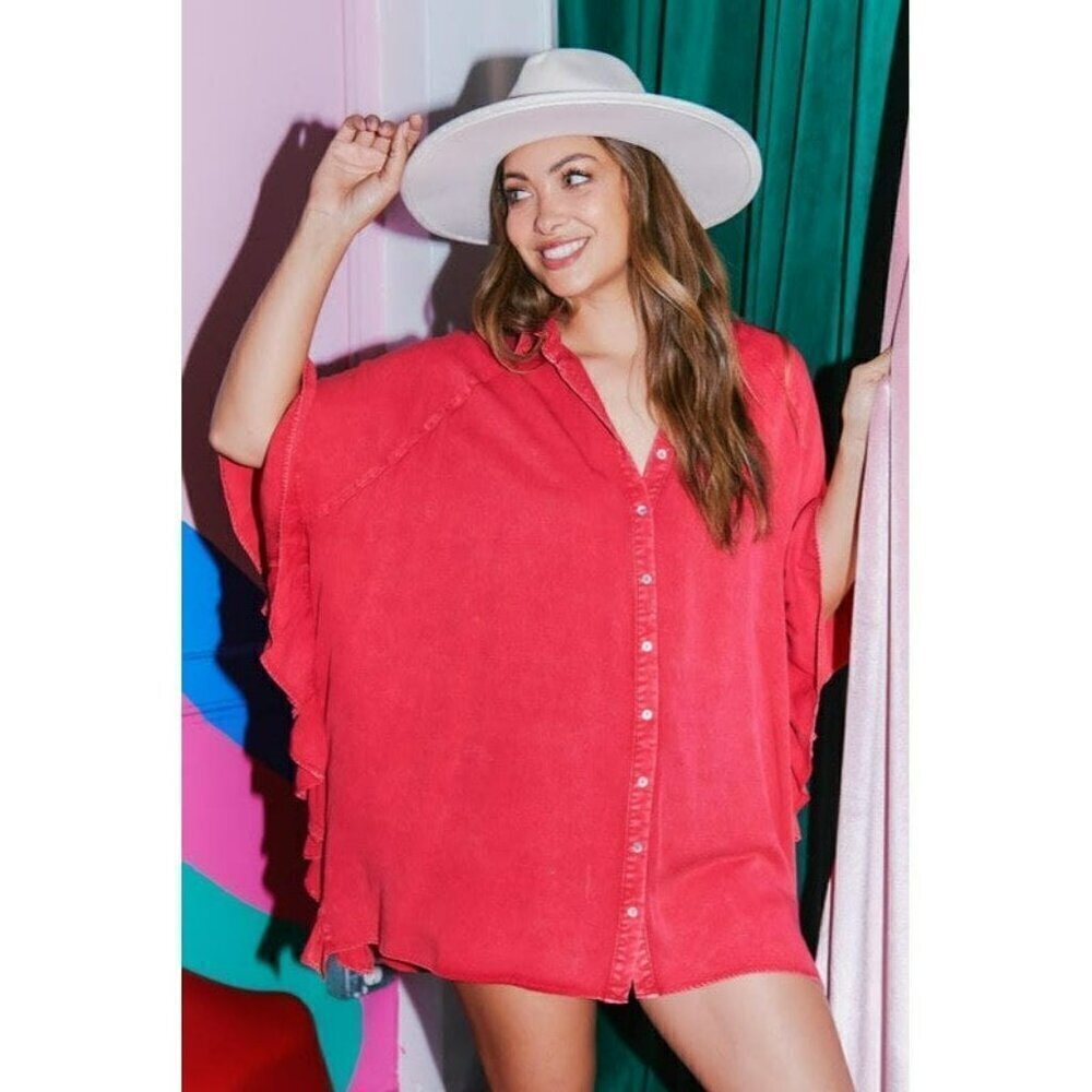 Time Flies Acid Washed Ruffled Shirt in Red - Picture 3 of 5
